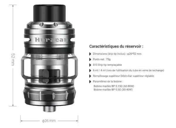 Clearomiseur-Tank-Huracan-6ml-Aspire-caracteristiques